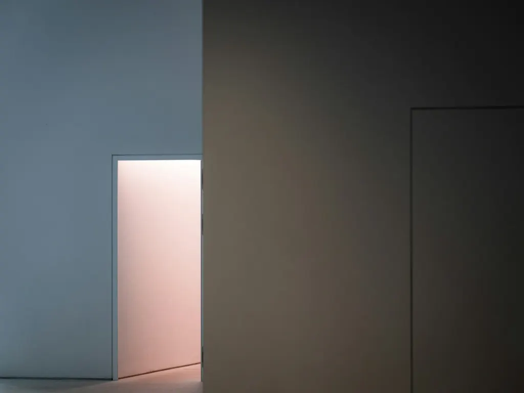 Puerta oculta de suelo a techo enrasada y pintada del color de la pared