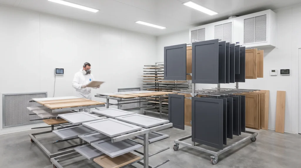 Cabina de lacado del taller de CMM con frentes de mueble secándose